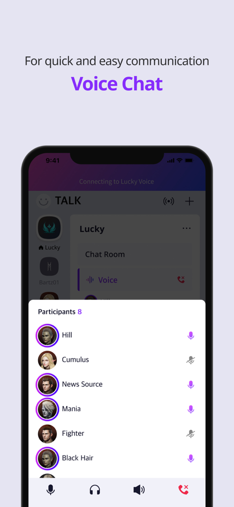 A mobile screenshot showing the voice chat participant list in the PURPLE app