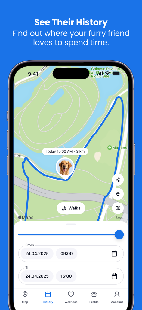 Tractive GPS for Dogs and Cats - Mobile app interface showing a dog's movement history on a park map with time and date filters.