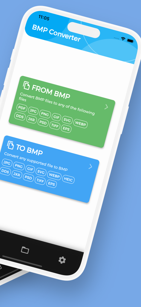 BMP Converter, BMP to PDF - Interface do aplicativo móvel Conversor BMP mostrando opções para converter arquivos de e para o formato BMP