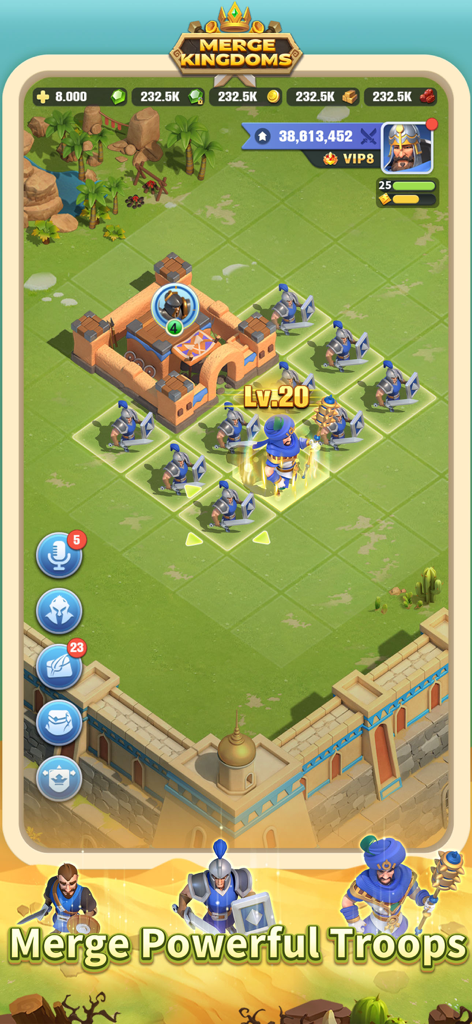Merge Kingdoms - Pantalla de juego de Merge Kingdoms mostrando tropas fusionándose en una cuadrícula para aumentar los niveles de poder