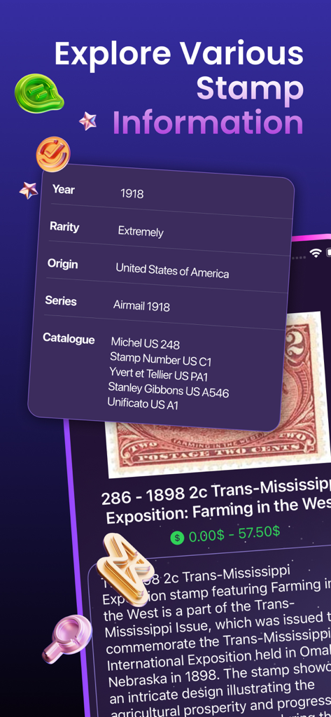 A mobile screen showing detailed stamp information including year, rarity, origin, and estimated market value for collectors