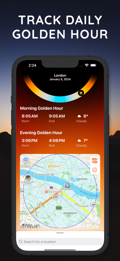 iPhone screen displaying morning and evening golden hour times and a sun position map.
