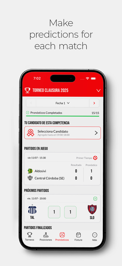 A mobile interface for the Prode Master app showing football match prediction inputs and live scores for the Torneo Clausura 2025.