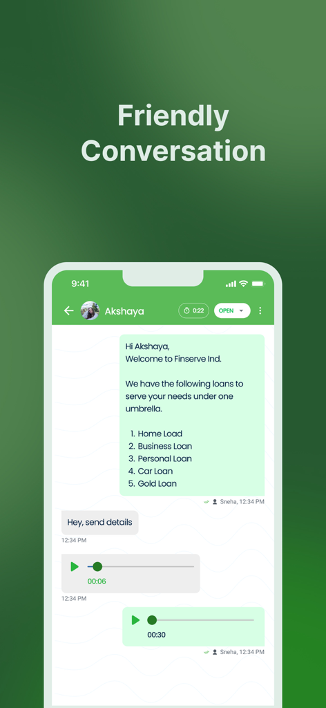 Urban Chat Bot - Interfaz de chat de negocios en la aplicación Urban Chat Bot mostrando opciones de préstamo y mensajes de voz