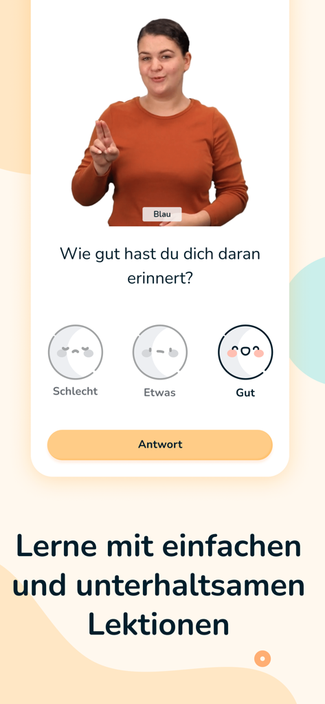 yoDGS - Gebärdensprache - Una mujer demostrando el signo para azul en una lección de Lengua de Signos Alemana con opciones de autoevaluación.