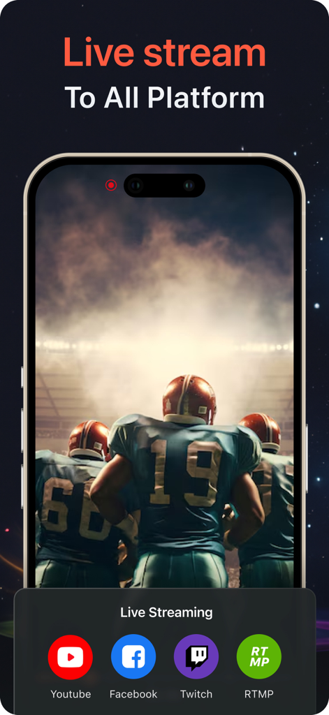 スポーツゲームの背景にYouTube、Facebook、Twitch、RTMPのライブストリーミングオプションを示すスマートフォンのインターフェイス