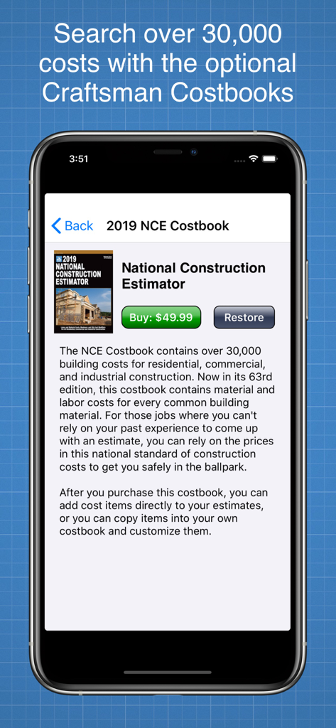 Construction Cost Estimator - Construction Cost Estimator app interface displaying the Craftsman National Construction Estimator costbook for purchase