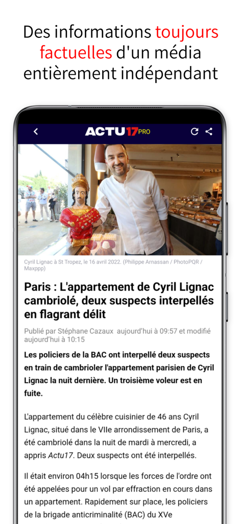 Smartphone displaying the Actu17 app with a news article about a police intervention.