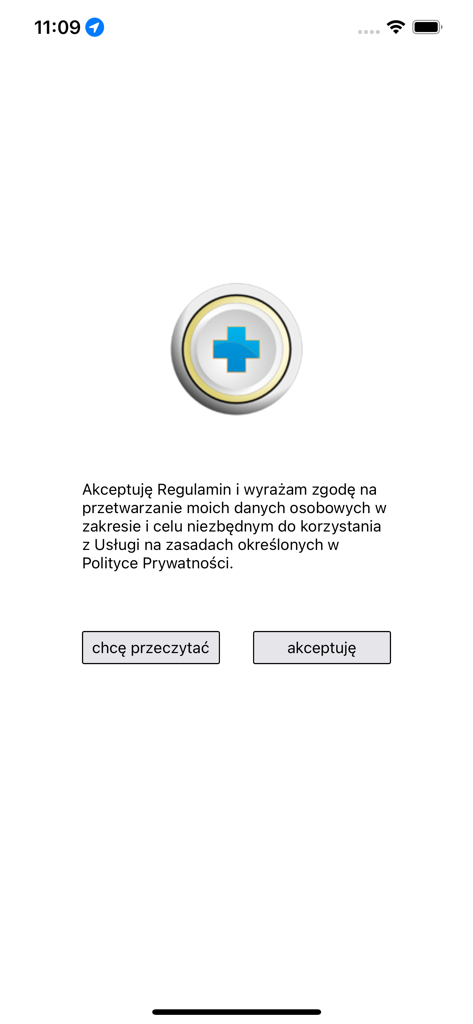 Ratunek - Schermata di accettazione dei termini e delle condizioni nell'app di soccorso d'emergenza Ratunek con un'icona a croce medica blu