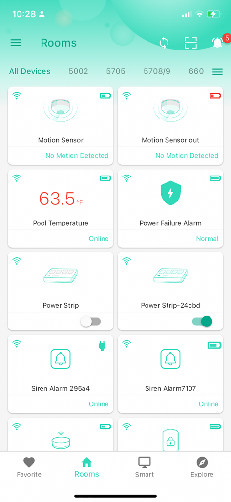 YoLink app interface showing a list of connected smart home devices like motion sensors and temperature monitors