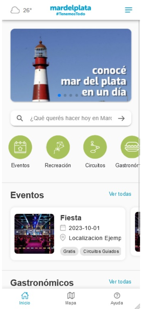 Guía Turística Mar del Plata - Pantalla de inicio de la aplicación Guia Turistica Mar del Plata con eventos locales y una imagen de un faro.