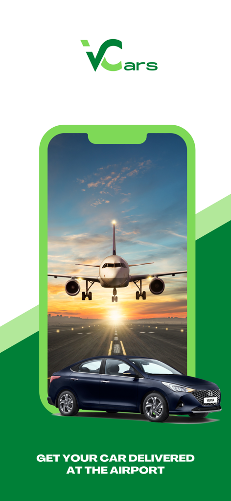 VCars - Self Drive Car Rentals - Pantalla promocional de la aplicación VCars que muestra un sedán y un avión con el texto recibe tu coche entregado en el aeropuerto.