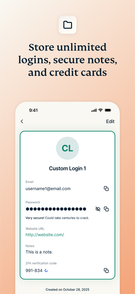 ExpressKeys: Password Manager - ExpressKeysアプリのインターフェース。メールアドレスをマスクしたパスワードと2FA確認コードを含むセキュアなログインエントリが表示されています。
