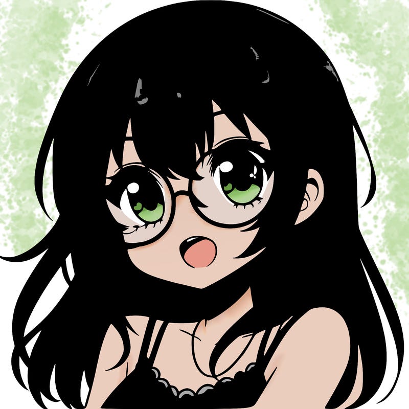 anime girl with black hair and blue glasses