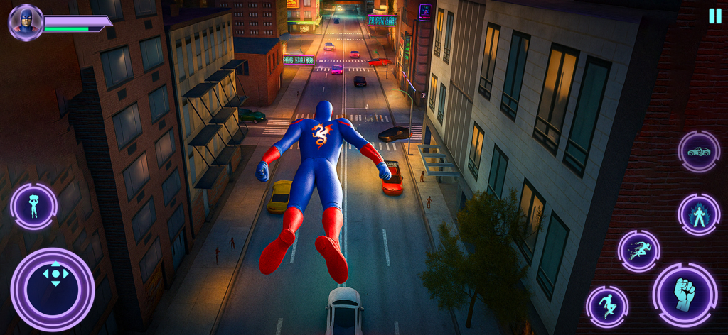 Grand Superhero Justice Sim - Grand Superhero Justice Sim 게임플레이 스크린샷에서 용권 슈퍼히어로 캐릭터가 도시 거리 위를 날아다니는 모습