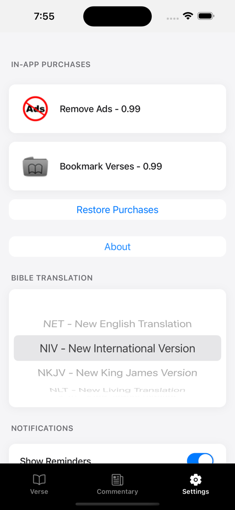 Verse-A-Day Daily Bible Verses - Página de configuración de la aplicación Verse-A-Day mostrando la selección de la traducción de la Biblia y las opciones de recordatorio