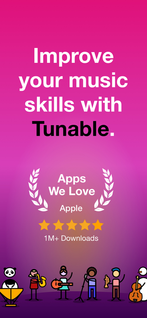 Tunable – Tuner & Metronome - Promotional screen for Tunable app featuring an Apple award and five star rating with various musical characters