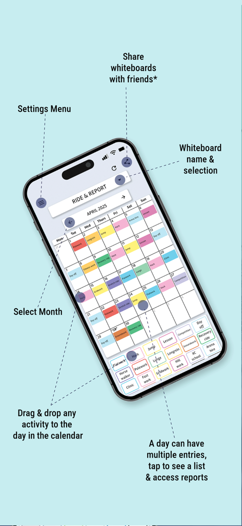 Equiniser - Smartphone screen showing Equiniser app digital whiteboard calendar and activity tracking features.