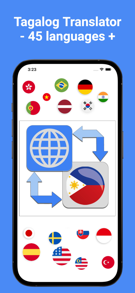 Pantalla móvil de la aplicación Traductor de Tagalo mostrando un globo central y un ícono de bandera de Filipinas rodeado de múltiples banderas nacionales.