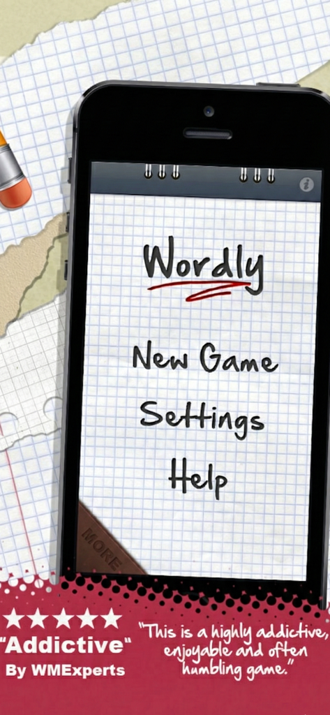 Wordly® - Wordly word puzzle app main menu screen with classic notebook design