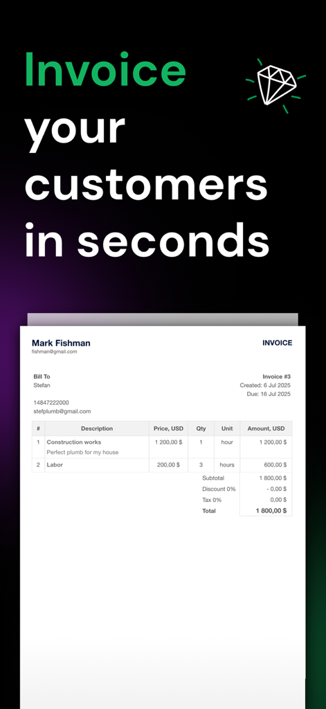 Invoice & Estimate Maker・Billo - Un'anteprima professionale di fattura generata dall'app Billo che mostra servizi e totali