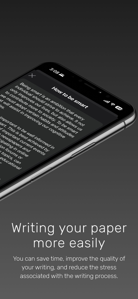 AI Essay Writer: Writing Tools - Bildschirm eines Mobiltelefons, der einen KI-generierten Essay-Entwurf für einfacheres akademisches Schreiben anzeigt.
