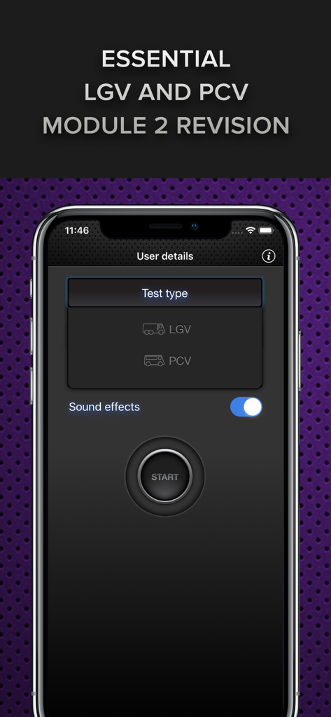 Driver CPC Case Studies Test - Driver CPC app screen showing options to select between LGV and PCV test types for Module 2 revision