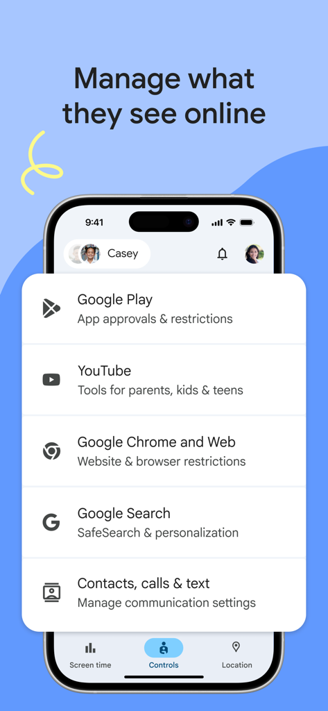 Interface de l'application Google Family Link montrant les paramètres de contrôle parental pour YouTube et la recherche Google
