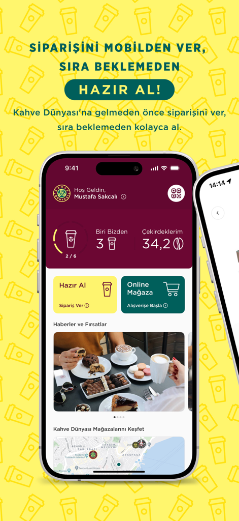 Kahve Dunyasi app home screen showing loyalty points and mobile ordering