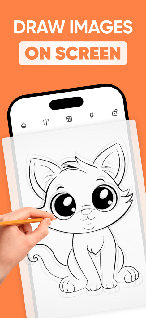 AR Drawing - AR Sketch - A hand tracing a kitten drawing from a smartphone screen onto paper using the AR Drawing app