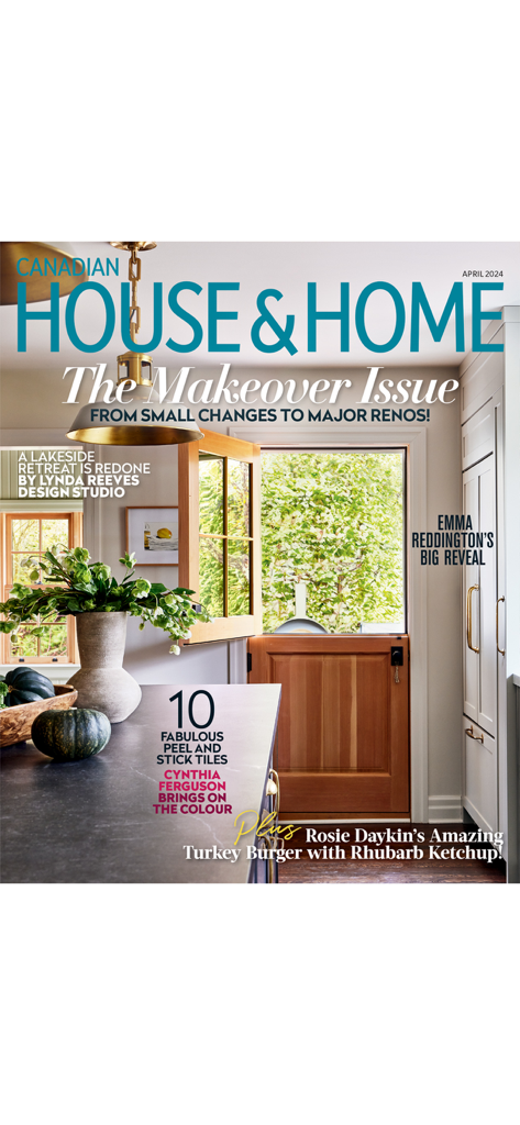 House & Home - Portada de la edición de renovación de la revista House and Home con un interior elegante con una puerta holandesa e iluminación dorada