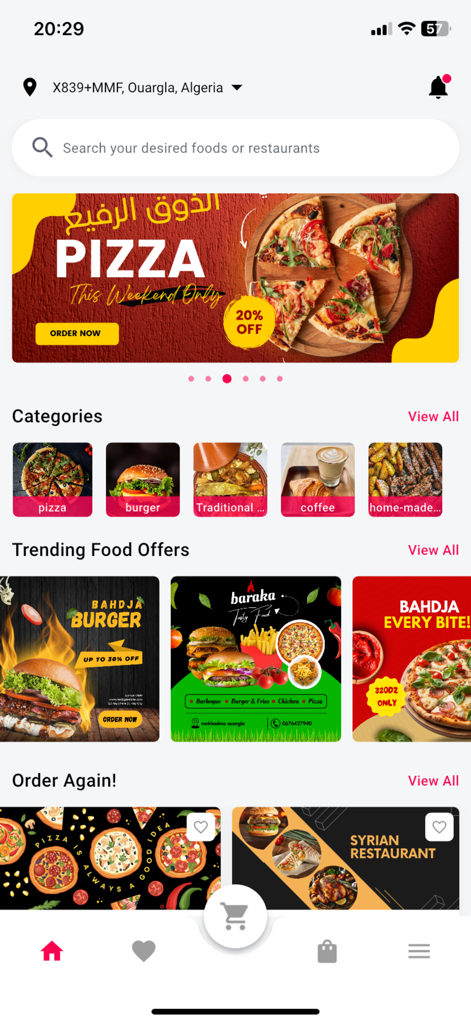 Wajbati food delivery app home screen displaying pizza offers and food categories