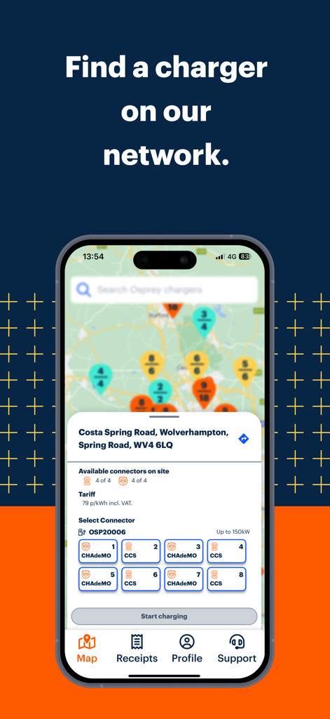 Osprey EV charging app interface displaying a map of charging stations and real-time connector availability for a selected location.