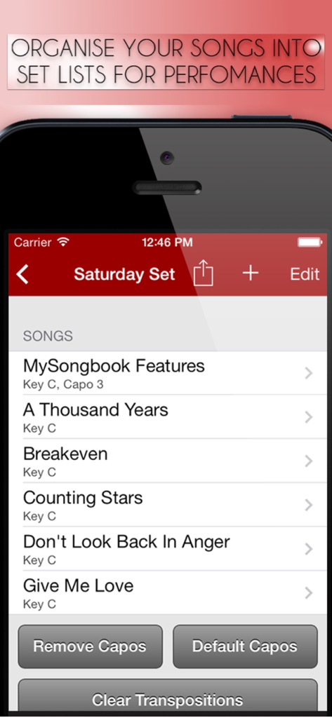 MySongbook - Lyrics and chords - Tela do smartphone exibindo um setlist chamado 'Saturday Set' no aplicativo MySongbook com opções para gerenciar capos e transposições.