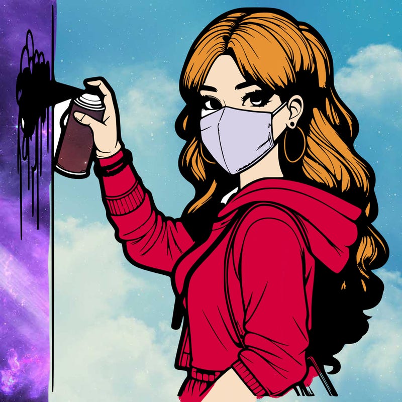 realistic girl with mask spray painting a wall