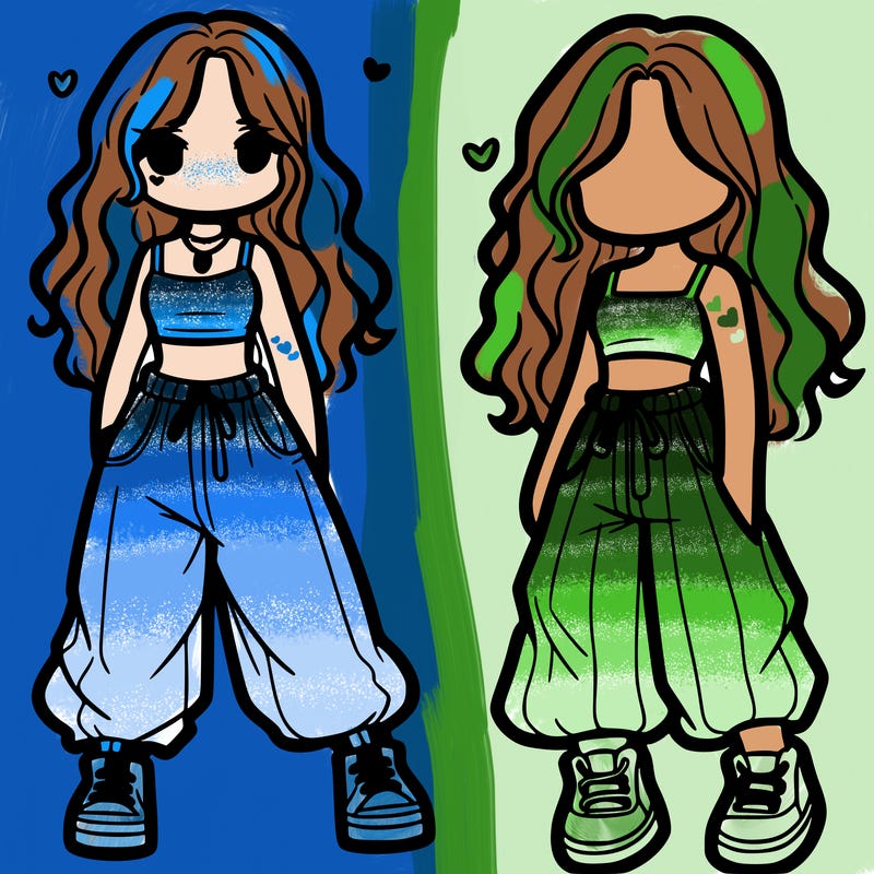 girl in baggy pants crop top and long hair