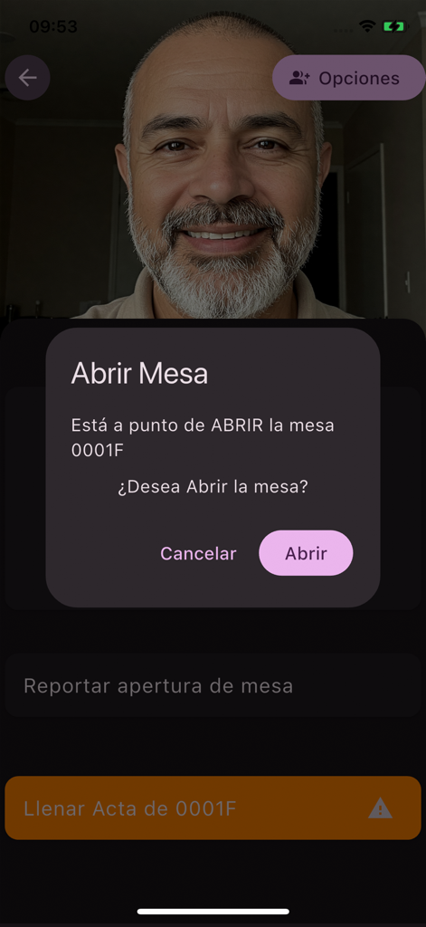 Écran de l'application électorale avec une boîte de dialogue contextuelle pour confirmer l'ouverture d'un bureau de vote
