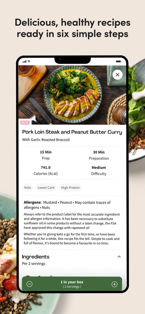 Green Chef app interface showing recipe details for a keto pork loin steak and peanut butter curry meal