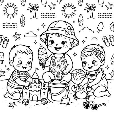 Capture the joy of summer with this delightful coloring page featuring three adorable babies enjoying a fun-filled day at the beach. From sandcastles to ice cream, this charming scene is perfect for bringing vibrant colors to life.