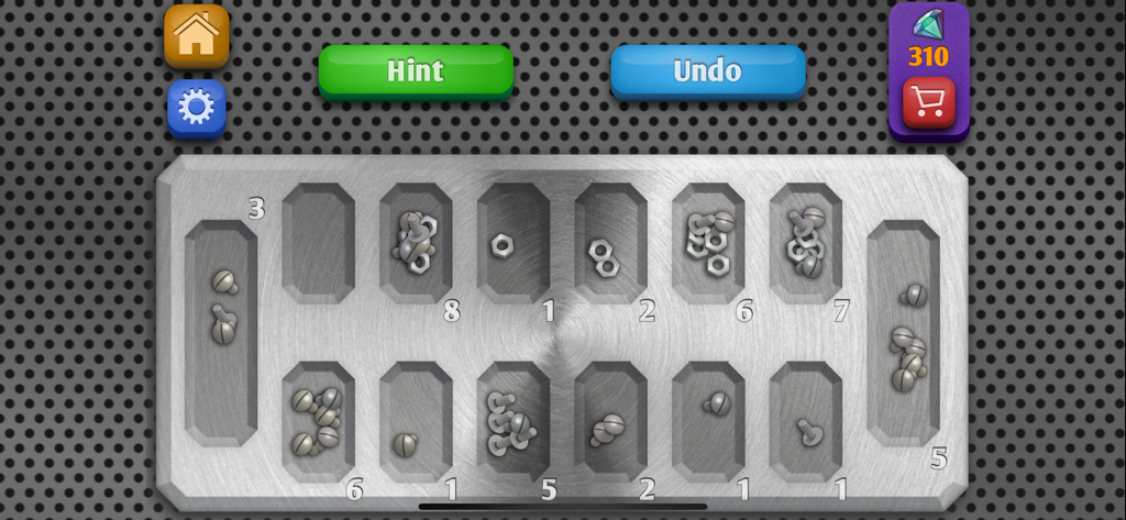 Mancala. - Ein digitales Mancala-Brettspiel mit einem industriellen Thema, das Schrauben und Bolzen als Spielfiguren aufweist.