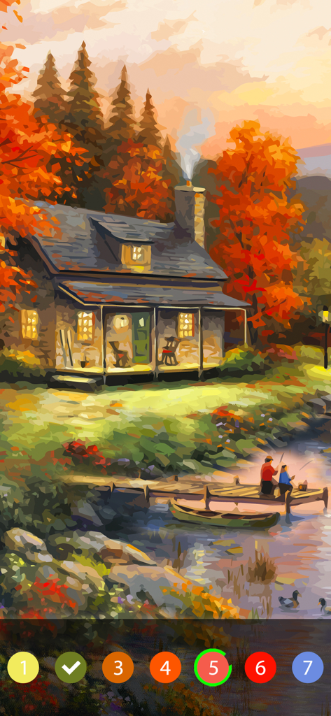 A serene autumn landscape with a cozy cabin by a lake in an oil painting style color by number game.