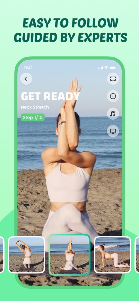 Stretch+Flexibility~Bend Flex - Ejercicio guiado de estiramiento de cuello realizado en una playa con instrucciones paso a paso de la aplicación.