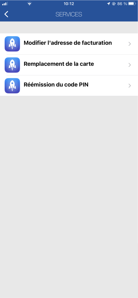 BaridiMob app services menu showing options for billing address changes, card replacement, and PIN reissuance.