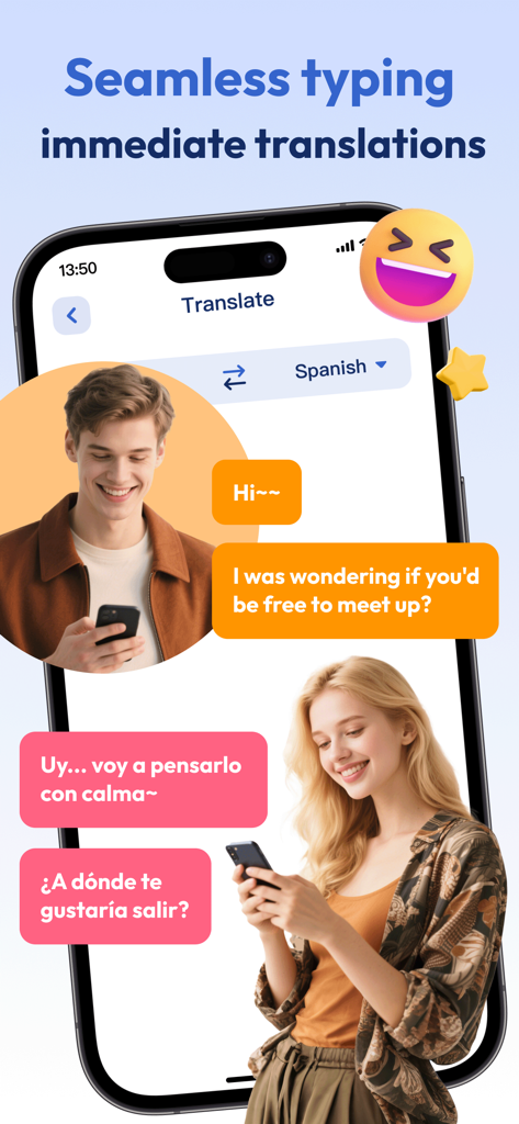 PrimeTranslate - Un teléfono inteligente que muestra la función de chat de la aplicación PrimeTranslate con traducciones de texto del inglés al español y fotos de dos personas comunicándose.