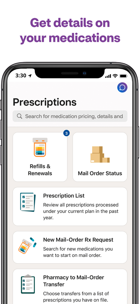 Aetna Health - Aetna Health mobile app screen for managing prescriptions refills and mail order requests
