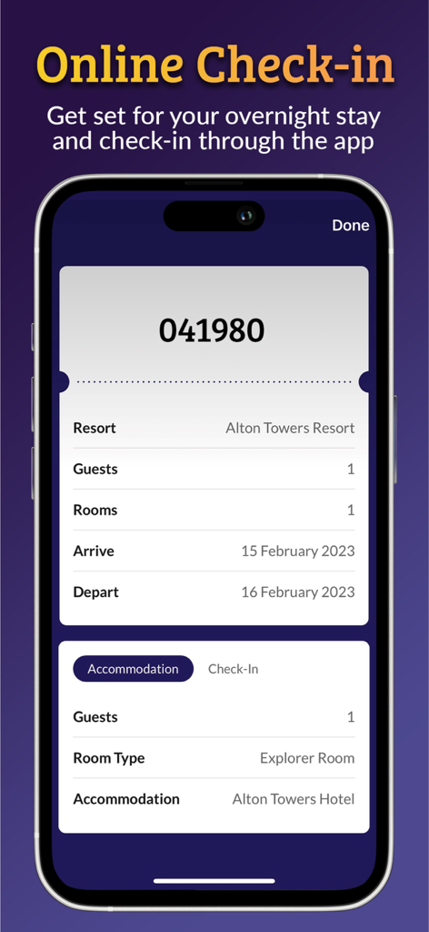 Tela de check-in online no aplicativo Alton Towers mostrando detalhes da estadia no hotel