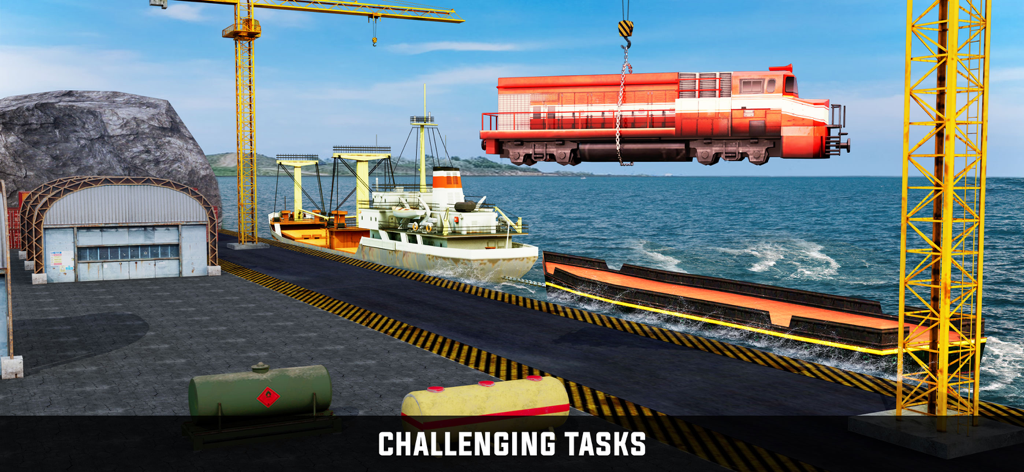 Cargo Ship Sea Port Transport - Guindaste industrial levantando uma locomotiva vermelha em um porto marítimo movimentado