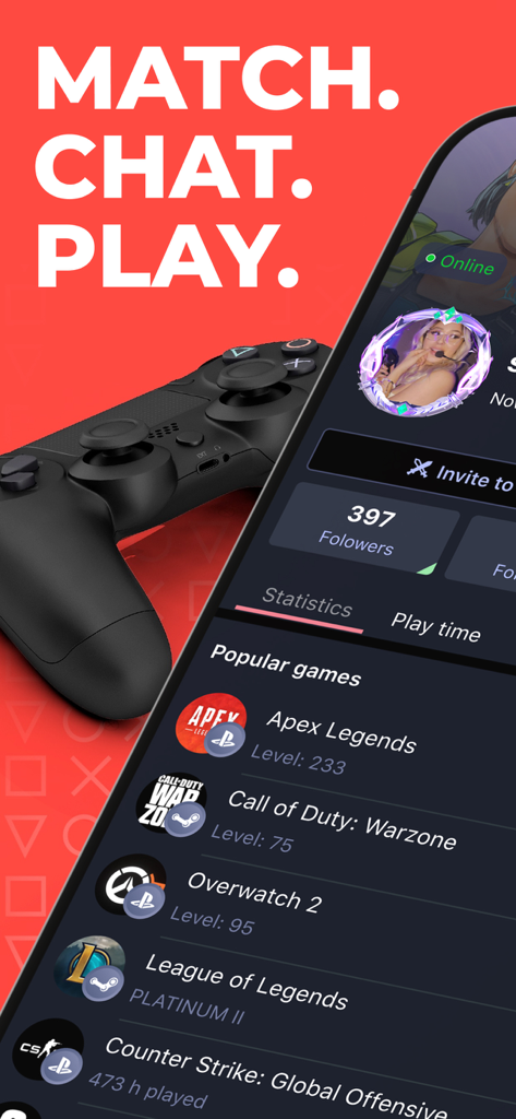 Plink app interface showing a gamer profile with stats for Apex Legends and Warzone next to the slogan Match Chat Play