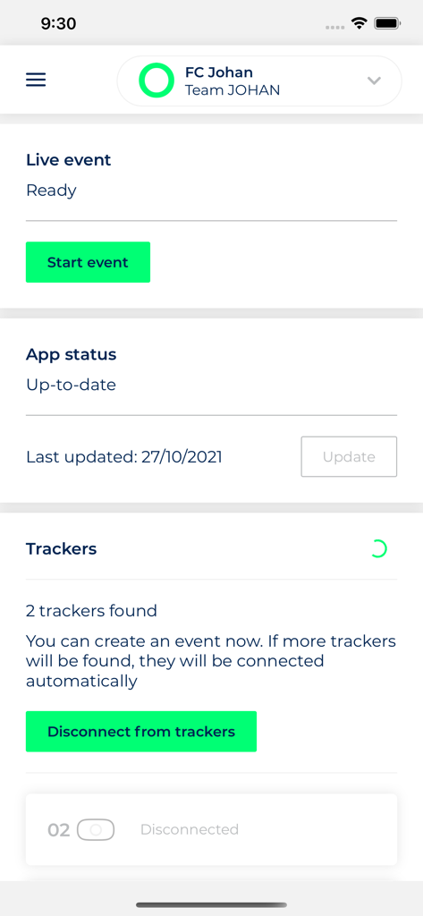 Setup interface for JOHAN Live Tracking app showing tracker connection status and a start event button