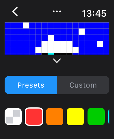 Apple Watch-Oberfläche für Pixel Art Grid Doodle Mini, die eine Pixel-Leinwand und eine Farbauswahlpalette zeigt